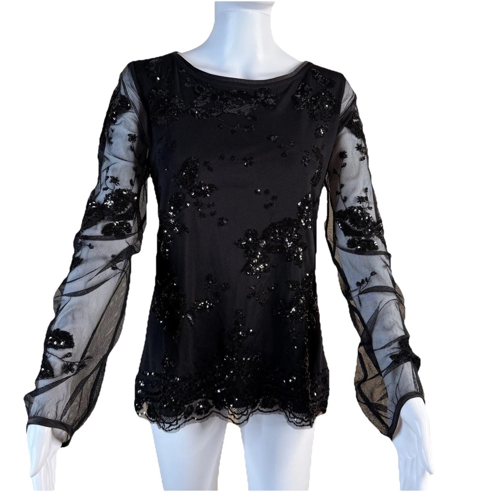 White‎ House Black Market Women's Top Black Sequin Blouse Size Small 100% NYLON